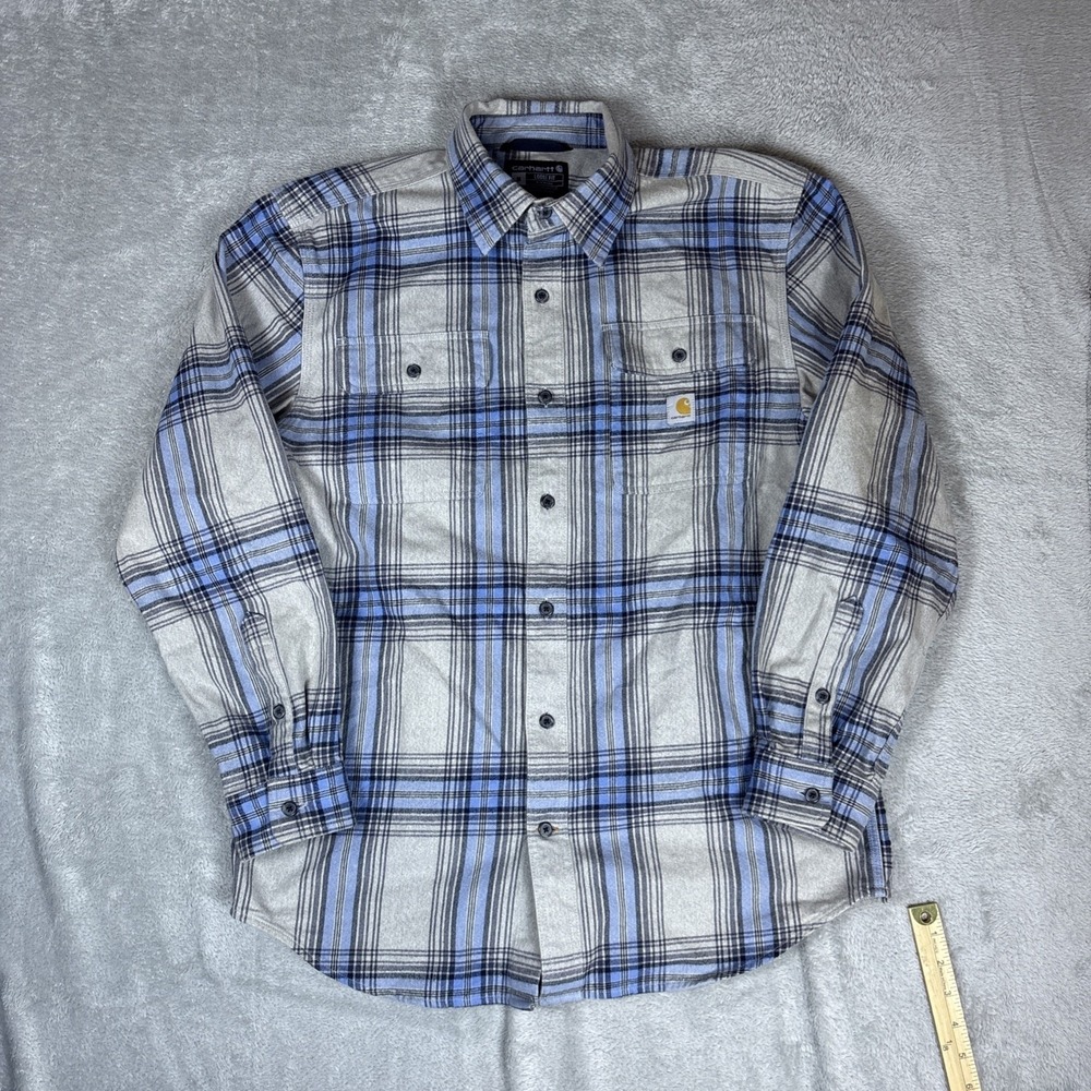 CARHARTT Men's Size Medium Gray / Blue Plaid Loose Fit‎ Heavy Flannel Work Shirt